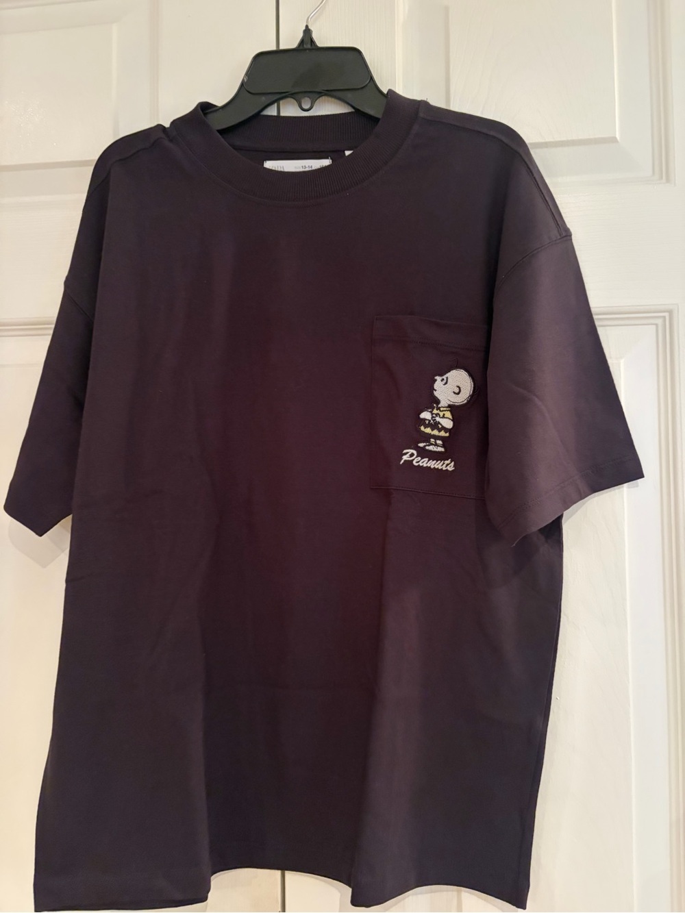 Zara Kids Black Pocket Tee with Charlie Brown Embroidery